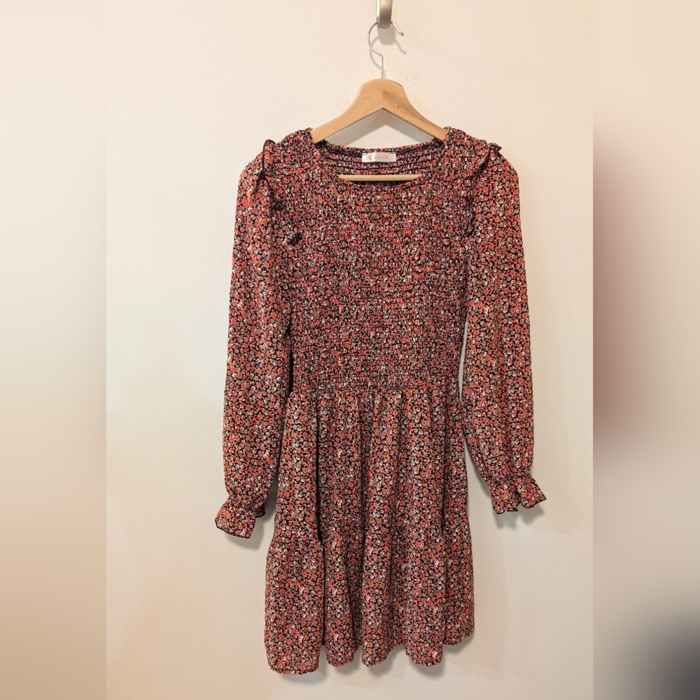 Kirundo Black With Red Abstract Strawberry Print Long Sleeve Smocked Dress Small